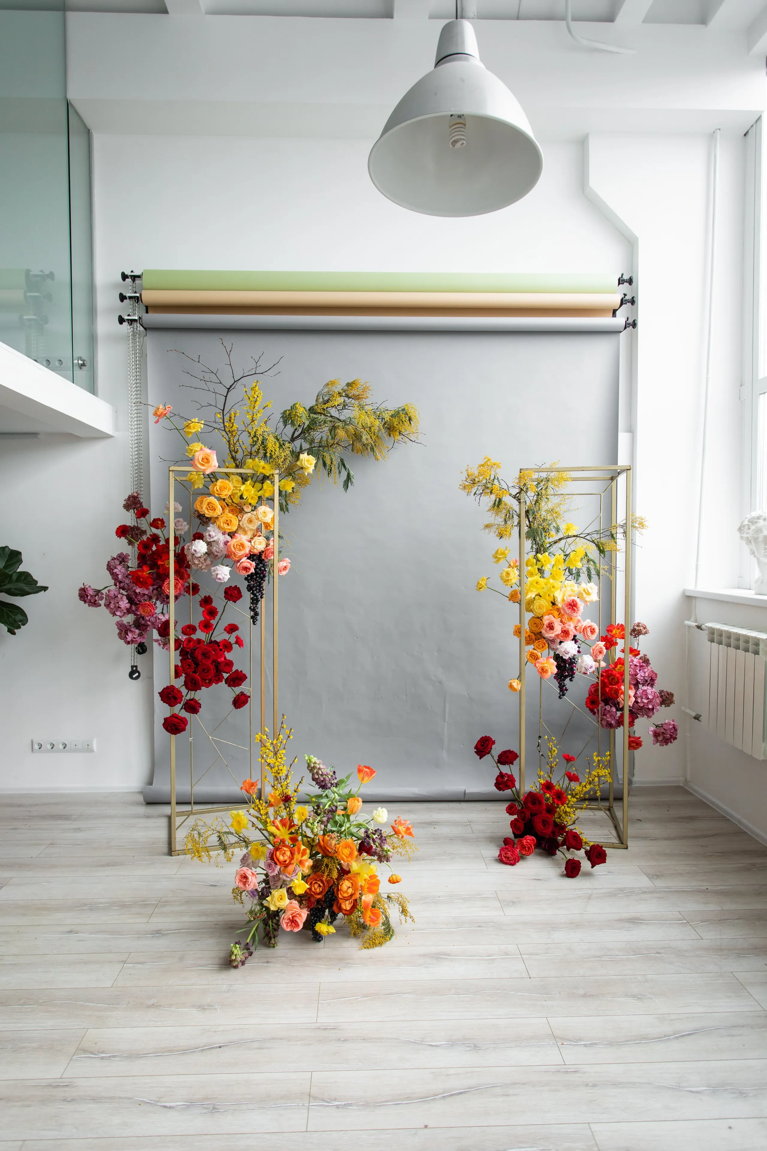Two tall gold geometric frames stand against a soft grey backdrop in a bright studio, each draped with flowers that shade from yellow and peach at the top through orange to deep red at the base. Mimosa, garden roses, daffodils and dark berry clusters spill from the frames, with a larger floor arrangement of orange tulips and purple snapdragons at their feet. These wedding flowers were created for a styled shoot at a workshop in Russia, with the installation designed to frame a ceremony or dinner backdrop.