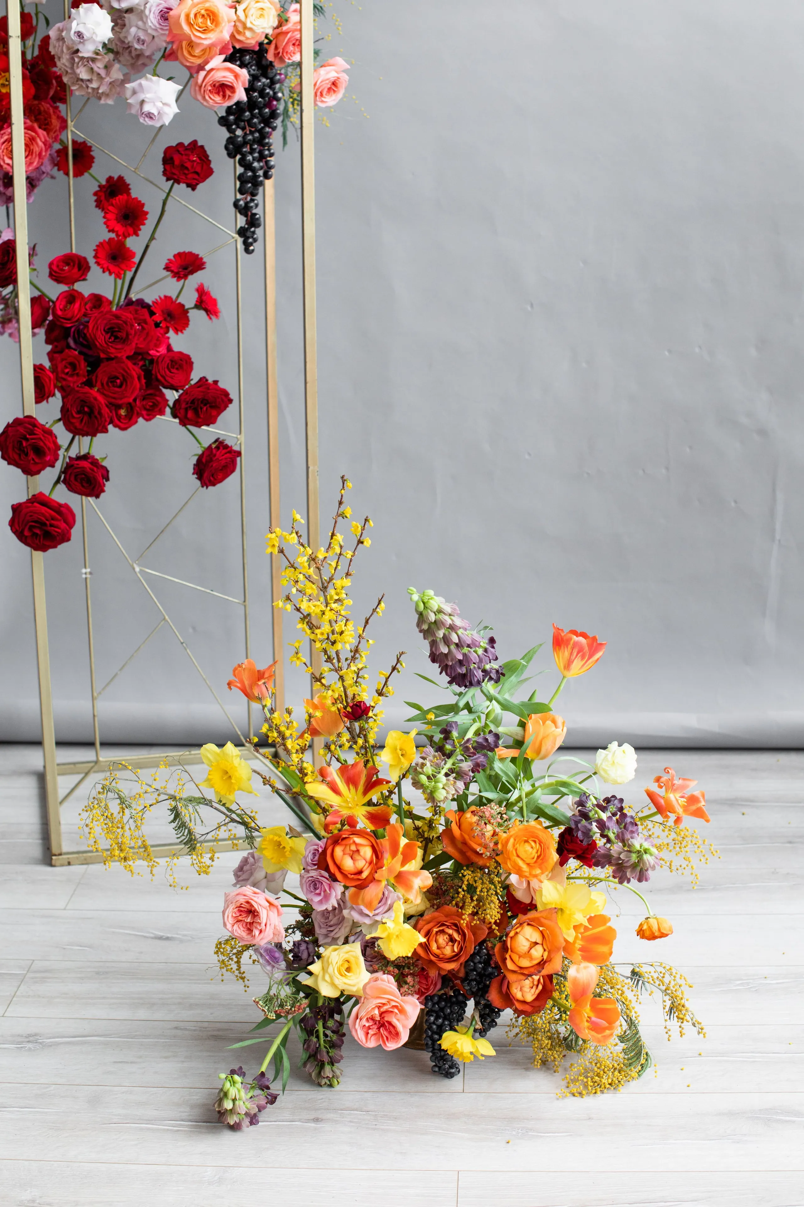 A large floor arrangement of warm, fiery blooms sits on a pale wood floor in front of a grey backdrop, with a tall gold geometric stand behind it dripping with deep red roses. The arrangement is crowded with orange ranunculus, orange and yellow tulips, yellow daffodils, sprays of forsythia and mimosa, purple fritillaria, and blush and lilac roses. This wedding flower display, made at a workshop in Russia, has a rich, medieval-feast mood.